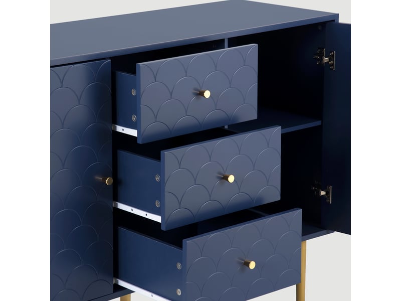 Buffet 120 x 40 x 83 cm 2 portes 3 tiroirs motif écailles, étagère réglable, panneau de particules + métal, bleu marine - Conforama D