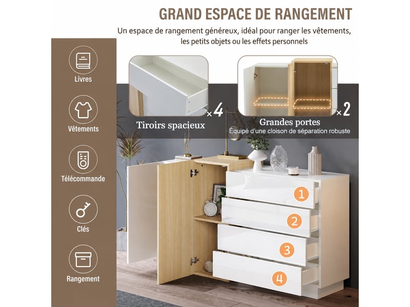 Buffet blanc laqué brillant 2 portes 4 tiroirs meuble de rangement moderne 140 cm  - Conforama B