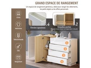 Buffet blanc laqué brillant 2 portes 4 tiroirs meuble de rangement moderne 140 cm