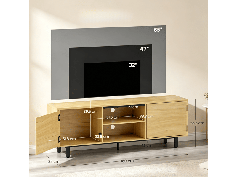  Meuble tv tcqpz 160 x 35 x 55,5 cm pour écran jusqu’à 65 pouces avec 2 portes et 2 niches bois naturel noir  - Conforama C