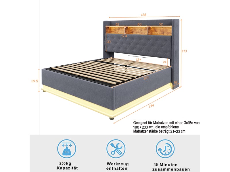  Lit coffre led 180 x 200 cm avec rangement hydraulique et usb, gris  - Conforama C
