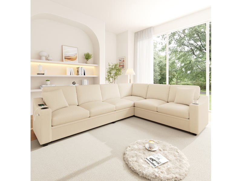 Canapé d'angle modulaire 6-7 places avec ports usb et usb-c, porte-gobelets et coussins en velours côtelé beige  - Conforama B