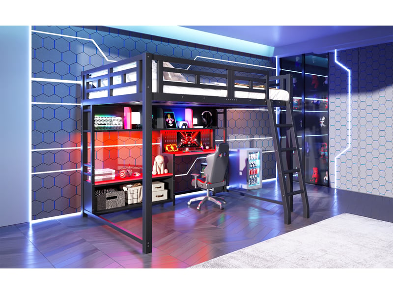  Lit mezzanine 140 × 200 cm, bureau gaming, étagères, barrières, led rgb, échelle, métal solide et mdf, noir et rouge  - Conforama B