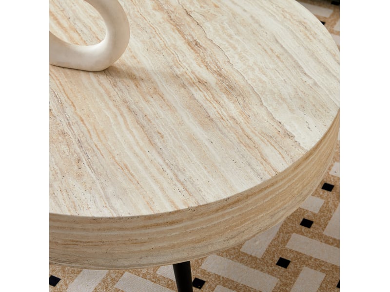  Table basse ronde avec plateau effet travertin, pieds métalliques noirs, style moderne, pour salon, ø 70 × 35,5 cm  - Conforama E