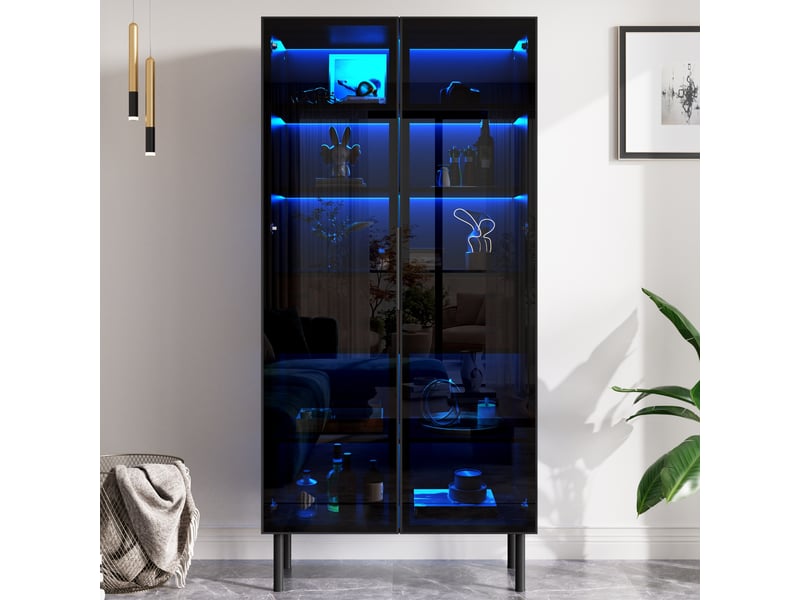  Vitrine d'exposition - 70x36x170cm - vitrine de salon avec led, vaisselier 2 portes en verre, 2 tiroirs &amp; étagères - noir &amp; chêne  - Conforama D