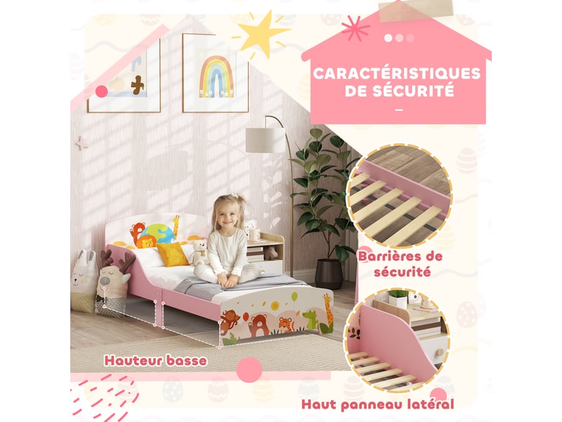  Lit enfant 70x140 cm motif animal 140 x 70 cm avec sommier à lattes en bois design sécurisé bas rose  - Conforama A
