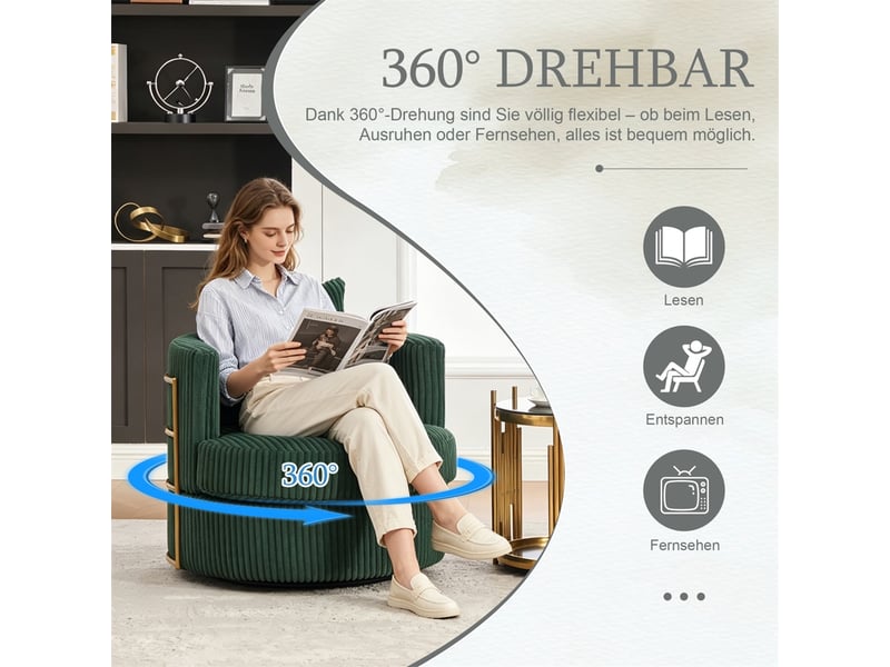  Fauteuil pivotant 360°  76 x 79 x 78 cm – coffre de rangement intégré &amp; coussin inclus –velours côtelé - vert  - Conforama E