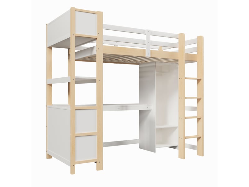  Lit mezzanine, 90 x 200 cm, étagères, nombreux rangements, bureau, armoire, sans matelas, naturel  - Conforama E