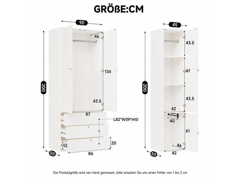 Armoire 5 portes 225x50x200 cm, 3 tringles, 6 tiroirs, portes lamellées, panneaux de particules, blanc - Conforama C