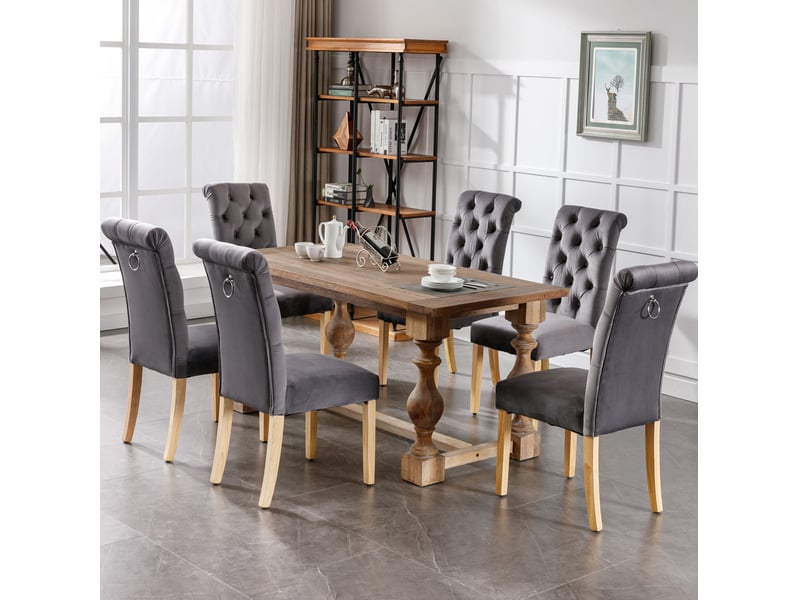  Chaise de salle à manger, lot de 6, gris velours avec pieds en chêne et détails boutonnés  - Conforama C