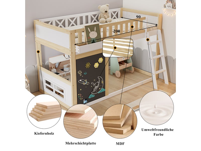  Lit superposé enfant 90x200 cm, structure de lit avec sommier à lattes en pin, blanc + couleur bois naturel, lit simple enfant  - Conforama W