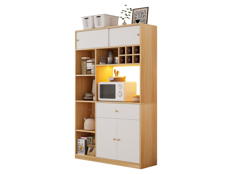  Buffet de cuisine - 115x35x180cm - meuble haut avec led étagères range-bouteilles grand espace micro-ondes - blanc et chêne  - Conforama A
