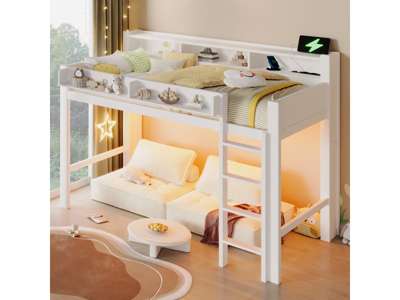  Lit mezzanine enfant 90x200 cm avec led et étagères, lit simple avec aire de jeux dous le lit et port usb, en bois blanc Bubbly - Conforama C