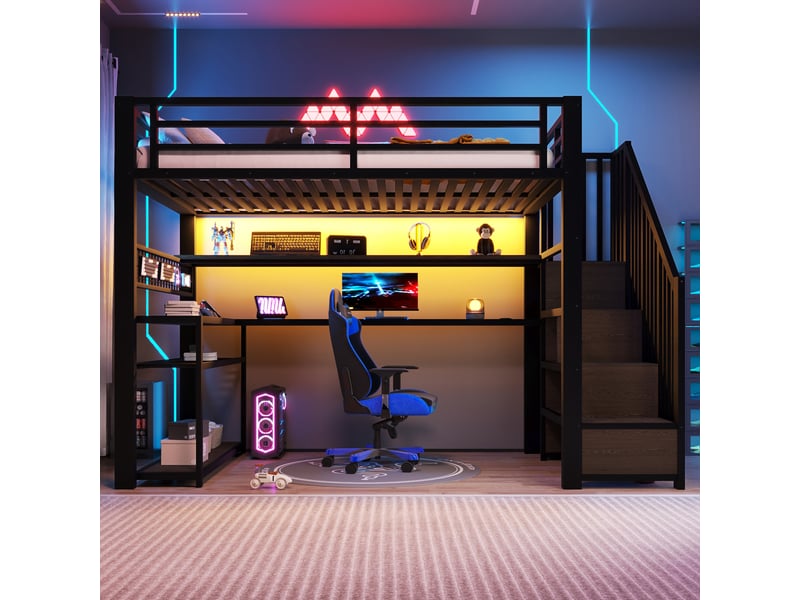  Lit mezzanine 1 place 90×200 cm avec bureau, armoire et led - okmyhome- noir, sans matelas, métal et mdf  - Conforama C
