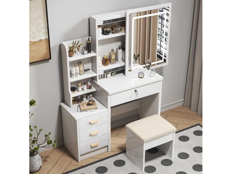  Coiffeuse élégante avec miroir led 85x36x130 cm, table de maquillage, tabouret, grand rangement, 4 tiroirs, mdf blanc  - Conforama B