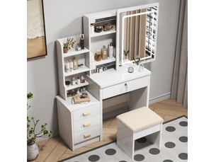 Coiffeuse élégante avec miroir led 85x36x130 cm, table de maquillage, tabouret, grand rangement, 4 tiroirs, mdf blanc