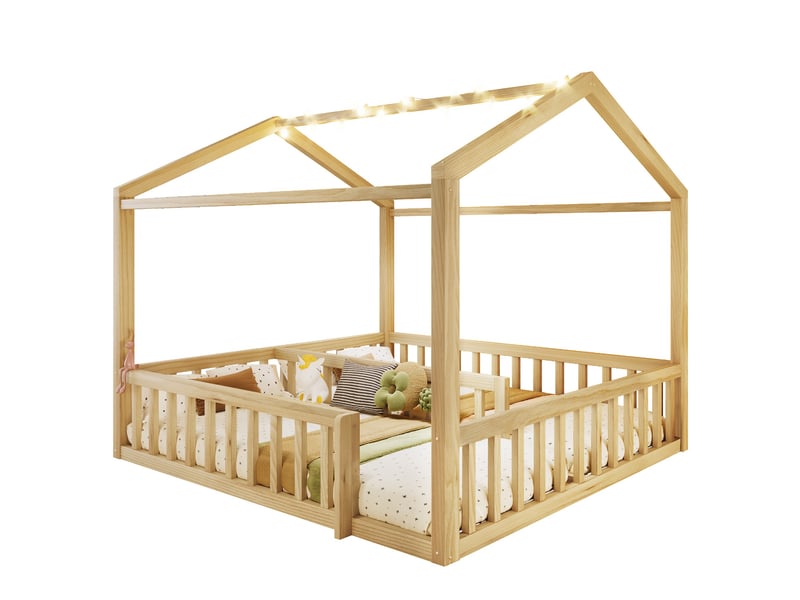  Lit cabane enfant 2 x 90x190 cm transformable en lit 180x190 cm, en pin et mdf naturel, avec barrières de sécurité et éclairage led IKSETERA TRADING LTD - Conforama A