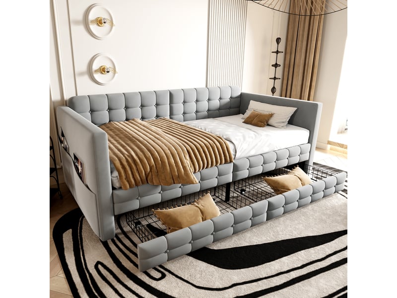  Canapé-lit 90x190 cm avec motif carreaux, rangements latéraux et deux tiroirs, velours gris clair, classique  - Conforama C