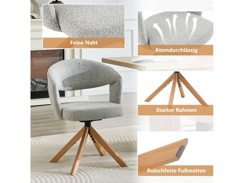  Lot de chaises 2 pièces chaise repas rotation silencieuse à 360° style rétro luxe tissu structuré gris clair pieds en bois massif dossier courbé usage  - Conforama E
