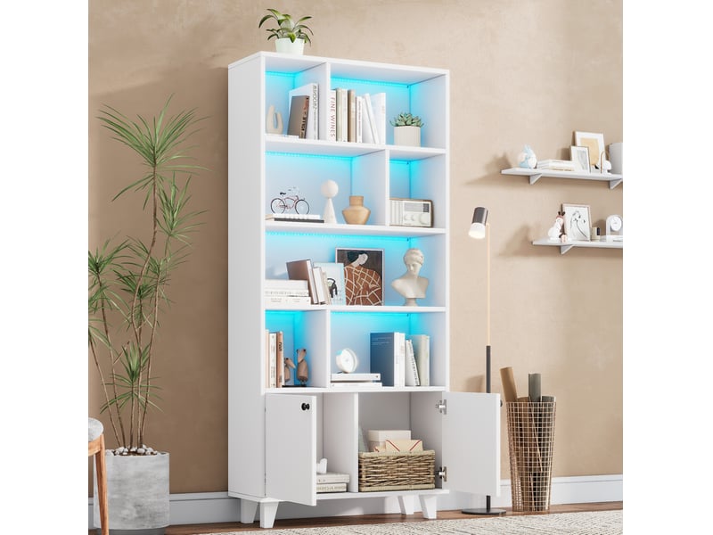  Bibliothèque 80x30x173 cm, pieds en bois massif, plusieurs compartiments de rangement, portes doubles, éclairage d'ambiance led à changement de couleur, contrôle par application, forme simple, blanc  - Conforama B