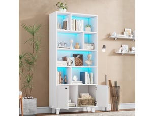 Bibliothèque 80x30x173 cm, pieds en bois massif, plusieurs compartiments de rangement, portes doubles, éclairage d'ambiance led à changement de couleur, contrôle par application, forme simple, blanc