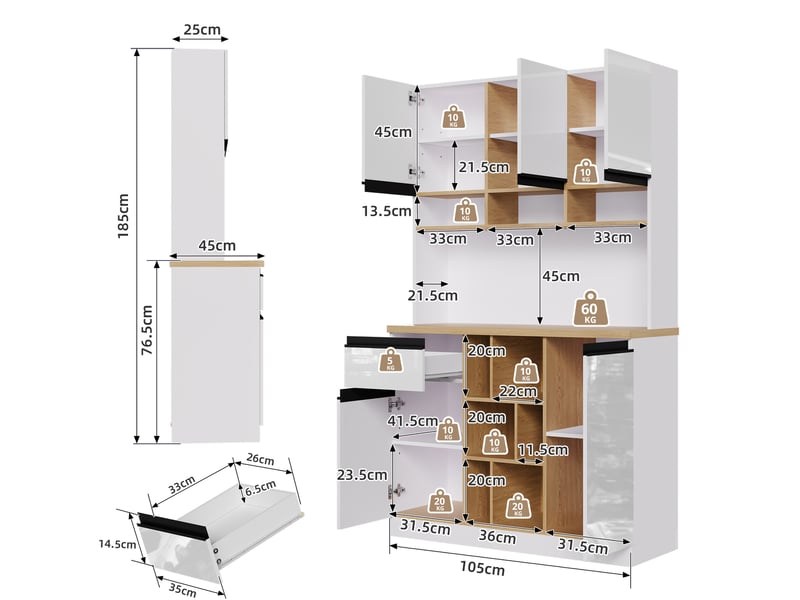  Buffet de cuisine blanc 105 x 45 x 185 cm, portes brillantes et rangements  - Conforama C