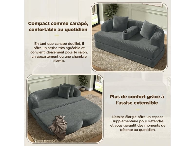  Canapé 2 places velours côtelé gris foncé, canapé de sol pliable avec porte-gobelet, 184x176x47cm  - Conforama D