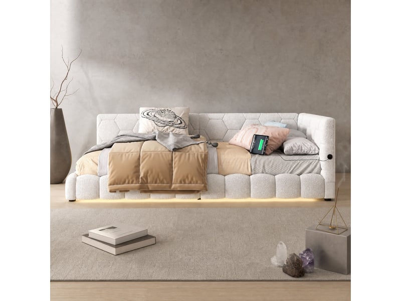  Canapé convertible lit de jour avec sommier à lattes, éclairage réglable, ports usb et type c, velours blanc  - Conforama B