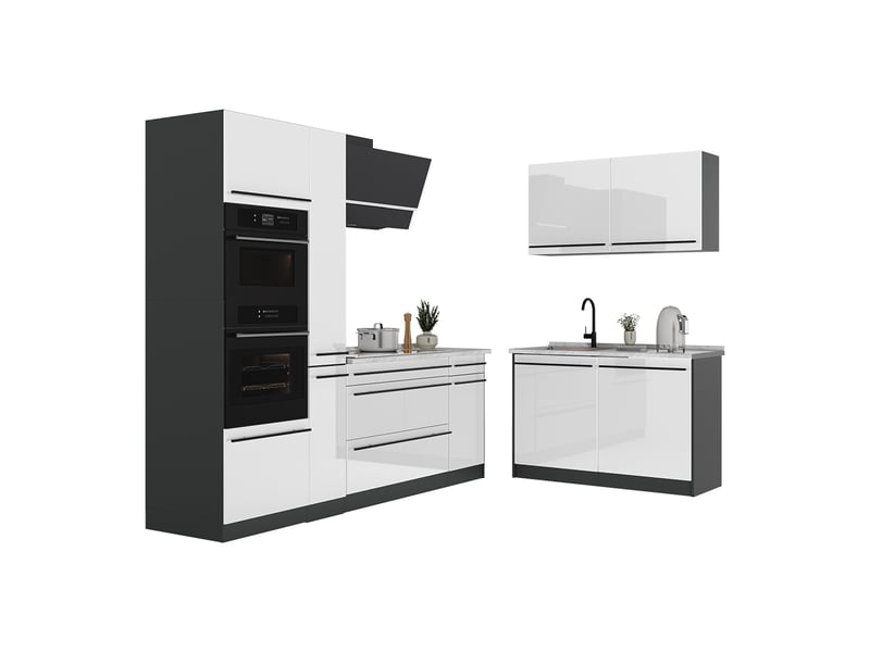 Vicco cuisine en angle, blanc haute brillanceanthracite, 230 x 120 cm plan de travail anthracite - Conforama E