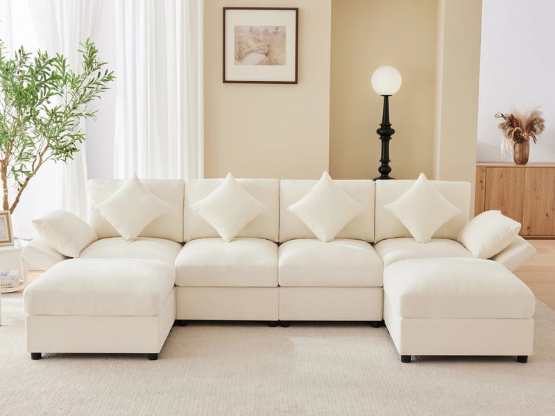 Canapé d'angle en forme de u ,6 places, avec 2 poufs,incluant 4 coussins décoratifs et 2 appuie-têtes,284x156x86,beige - Conforama B