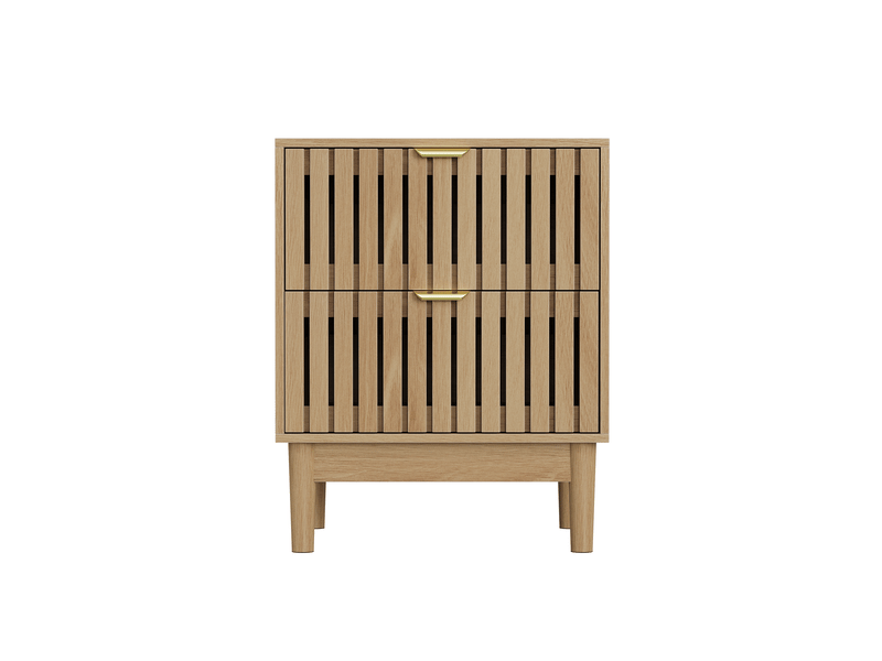  Table de chevet 45x39x56,5 cm avec 2 tiroirs en mdf chêne clair, design à lattes, meuble de rangement pour chambre, salon  - Conforama A
