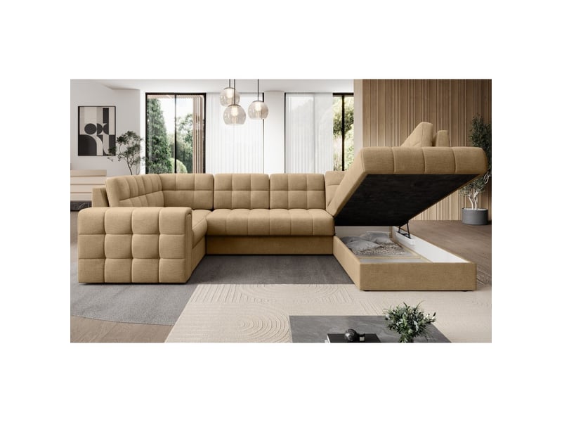  Canapé d'angle convertible monteza marron clair 299 cm avec coffre et couchage  - Conforama D