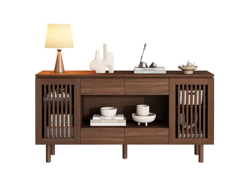  Buffet et enfilade avec 4 tiroirs et 2 portes à lames, pieds en bois massif, pour salon, noyer, 140 × 35 × 71 cm  - Conforama A