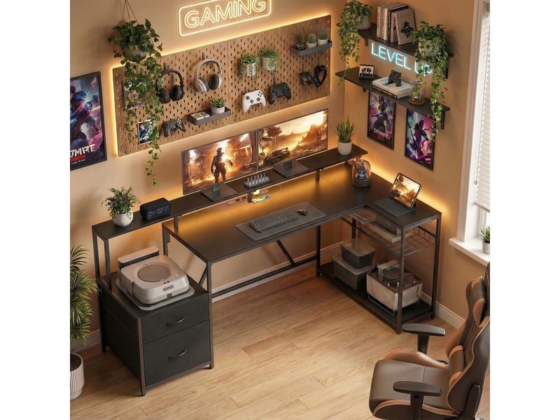  Bureau d'angle gaming avec station de charge, éclairage led et support pour écran, en bois et acier, 192,5 x 80 x 86,5 cm, noir  - Conforama C