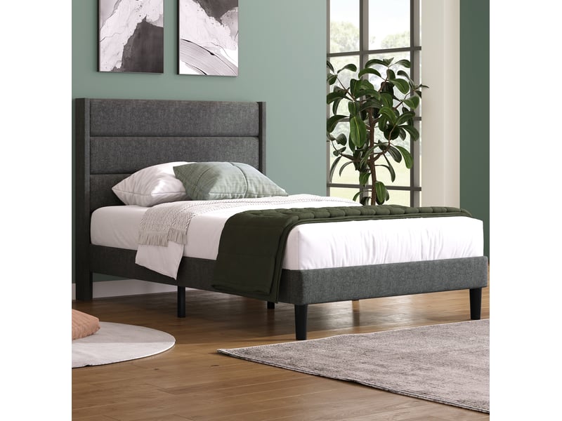  Modenvie lit simple capitonné 90x200 cm - tête de lit rembourrée, sommier inclus - gris foncé  - Conforama E