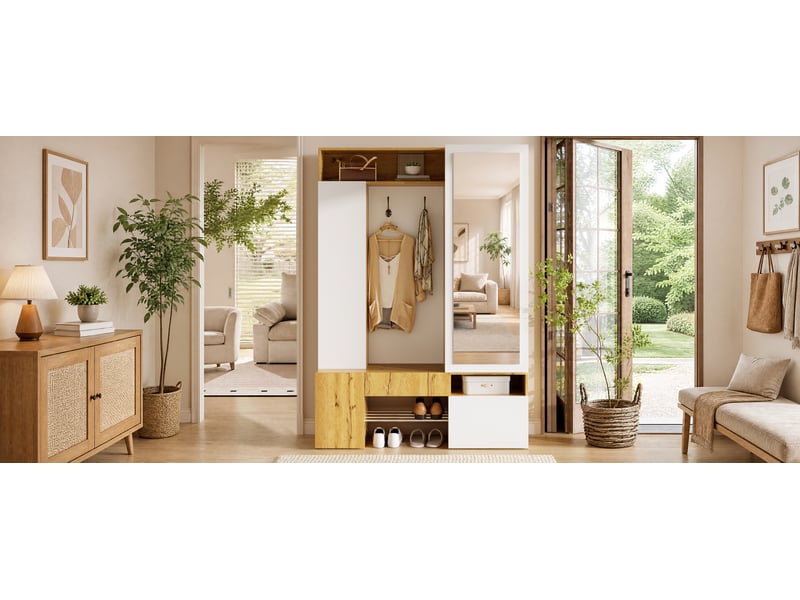 Meuble d'entrée avec miroir, penderie, rangement à chaussures, étagères et crochets pour hall 127×35×180,5 cm - Conforama E