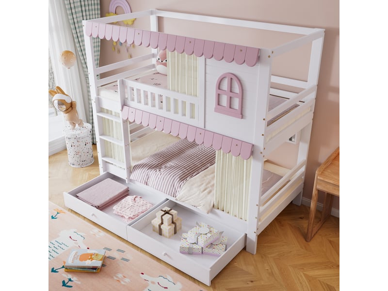  Lit superposé enfant 200×90 cm avec 2 tiroirs à roulettes, étagères ouvertes et rideaux, en pin et mdf blanc et rose  - Conforama B