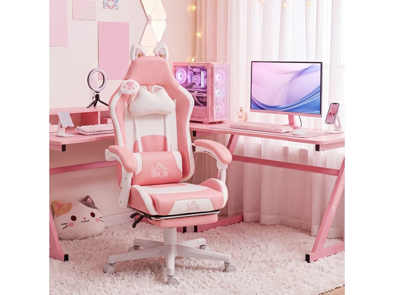  Fauteuil de jeu avec oreilles de chat, dossier inclinable, repose-pieds extensible, supporte jusqu'à 120 kg, rose et blanc.  - Conforama D