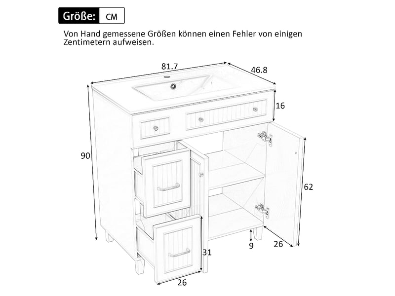  Meuble salle de bain avec lavabo 81.7 cm blanc - meuble sous vasque sur pied en mdf laqué et céramique  - Conforama E