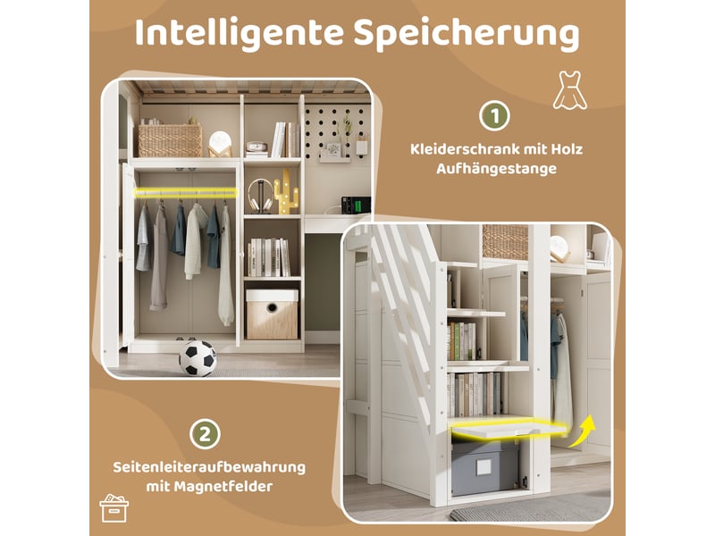Lit mezzanine enfant 90x200 cm avec bureau, armoire, escalier avec rangements, étagères, 2 prises, usb et usb-c, sommier à lattes, blanc - Conforama D