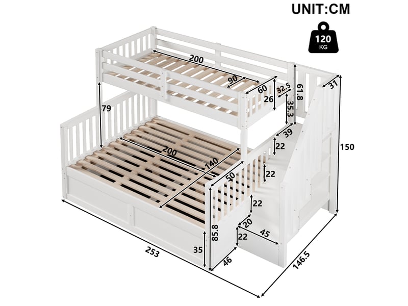  Lit superposé 90x200 + 140x200 cm, escalier rangement, coffre hydraulique, pin, blanc et bois naturel sans matelas  - Conforama C