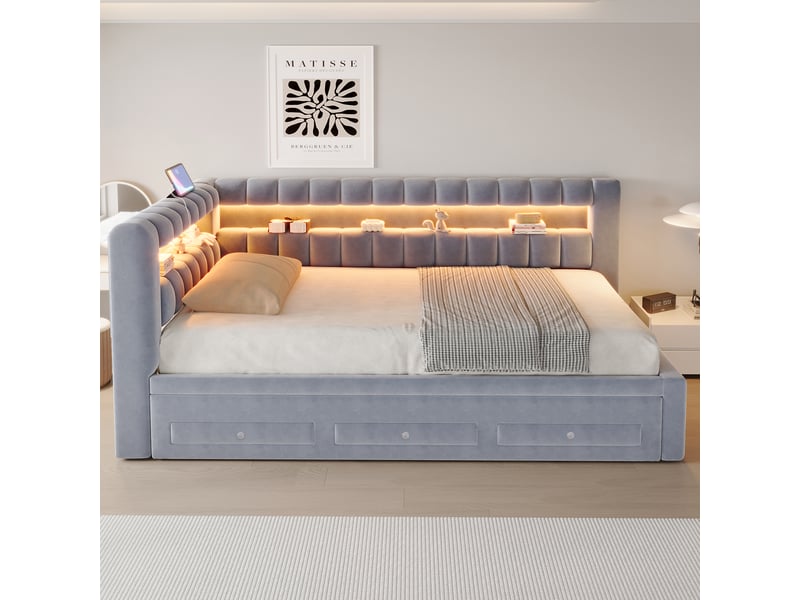  Lit banquette rembourré - 90x190 cm - convertible - tiroirs de rangement - rangements intégrés - éclairage led - port usb - gris CozyNest - Conforama B