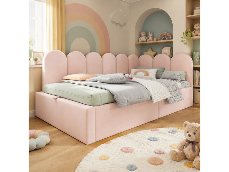  Lit banquette coffre 200×90 cm avec rangement hydraulique et côtés interchangeables, sans matelas, en velours rose  - Conforama B