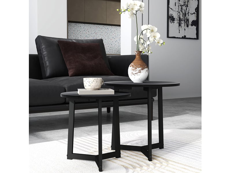  Table basse gigogne ronde 2 pièces avec structure en acier, à utiliser séparément ou ensemble, pour salon, noir  - Conforama B
