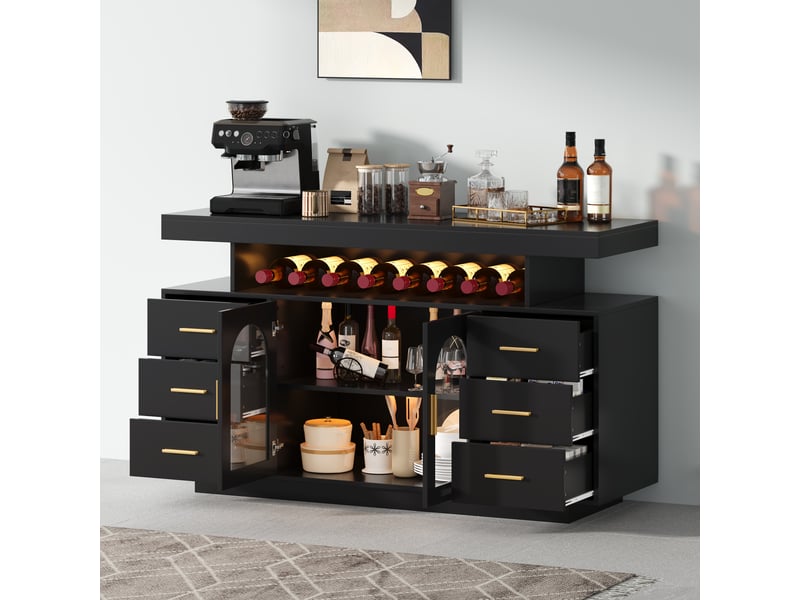 Armoire à vin avec éclairage led, buffet bar à café avec 6 tiroirs, 2 portes vitrées et étagère ouverte, meuble à spiritueux moderne - Conforama B