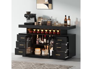 Armoire à vin avec éclairage led, buffet bar à café avec 6 tiroirs, 2 portes vitrées et étagère ouverte, meuble à spiritueux moderne