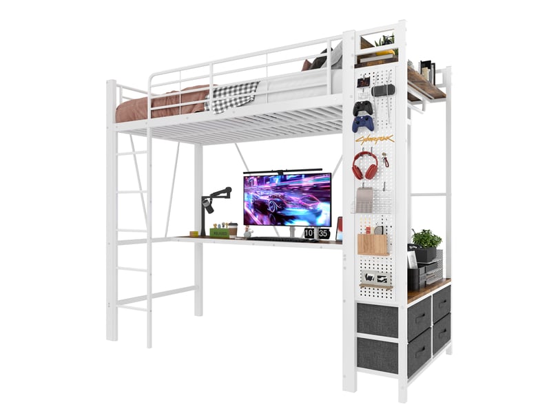  Lit mezzanine 90x200 cm avec bureau, étendoir, étagères, 4 tiroirs, usb, led, blanc, sans matelas  - Conforama A