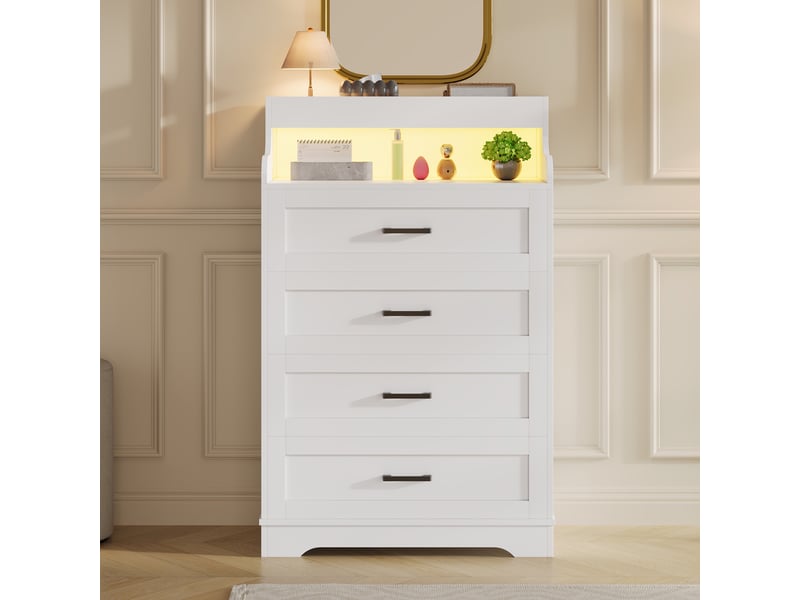  Commode 4 tiroirs - 73x39.5x114cm - meuble de rangement avec niche ouverte, bande led rgb réglable, style scandinave - blanc  - Conforama C
