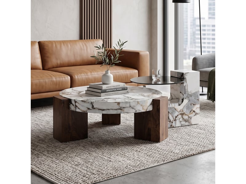  Table basse ronde 2 niveaux, plateau verre gris transparent et mdf noir en l, dessus imitation marbre blanc, design démontable pour espace flexible  - Conforama B