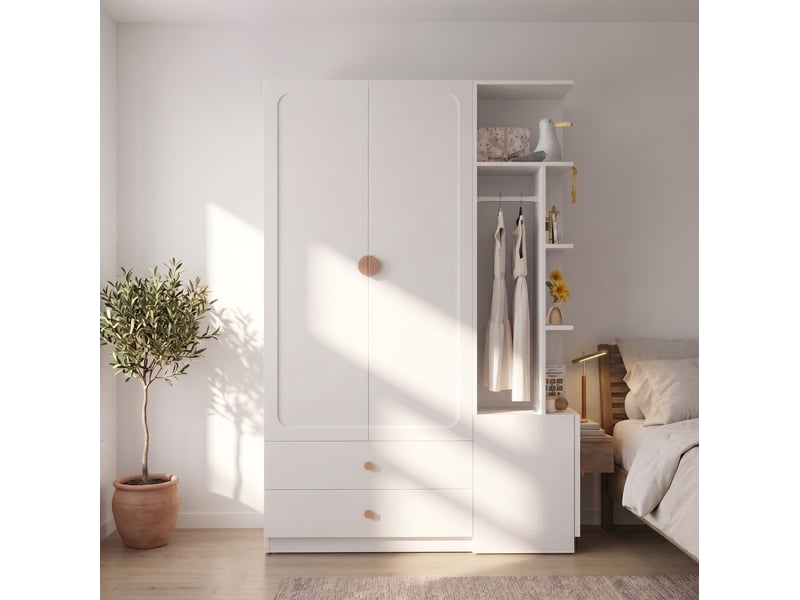  Armoire tcqpz blanche 135 x 45 x 200 cm avec 2 tringles 2 tiroirs rangement en mdf bois et acier  - Conforama D